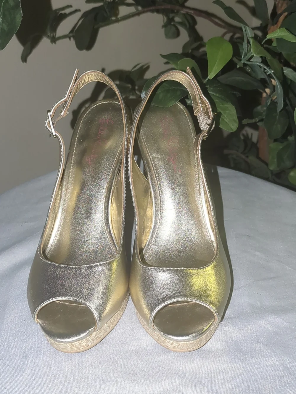 Lilly Pulitzer Gold Peep-Toe Wedge Slingback Heels